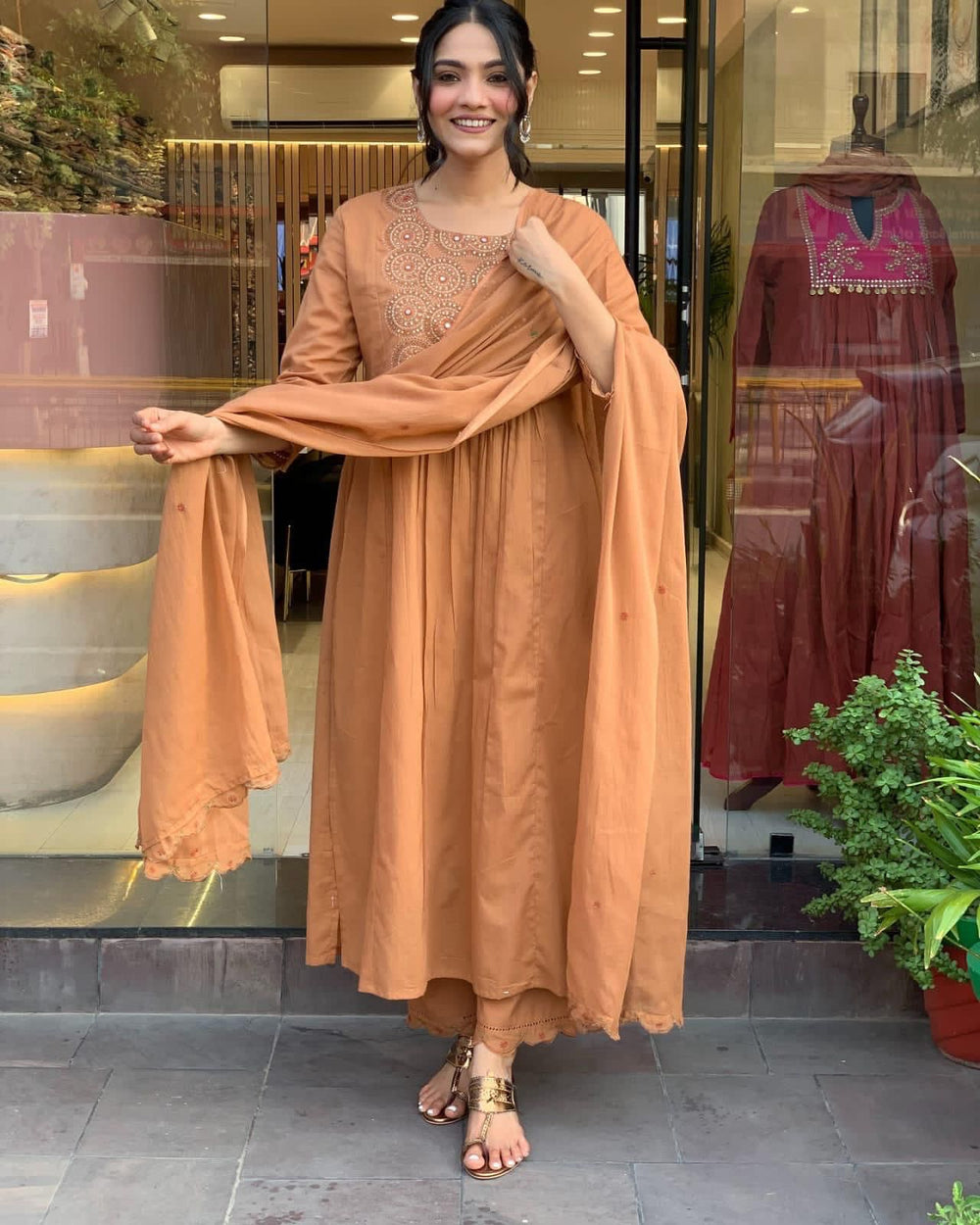 Brown Dupatta Set, Cotton Dupatta Set, Suitkari