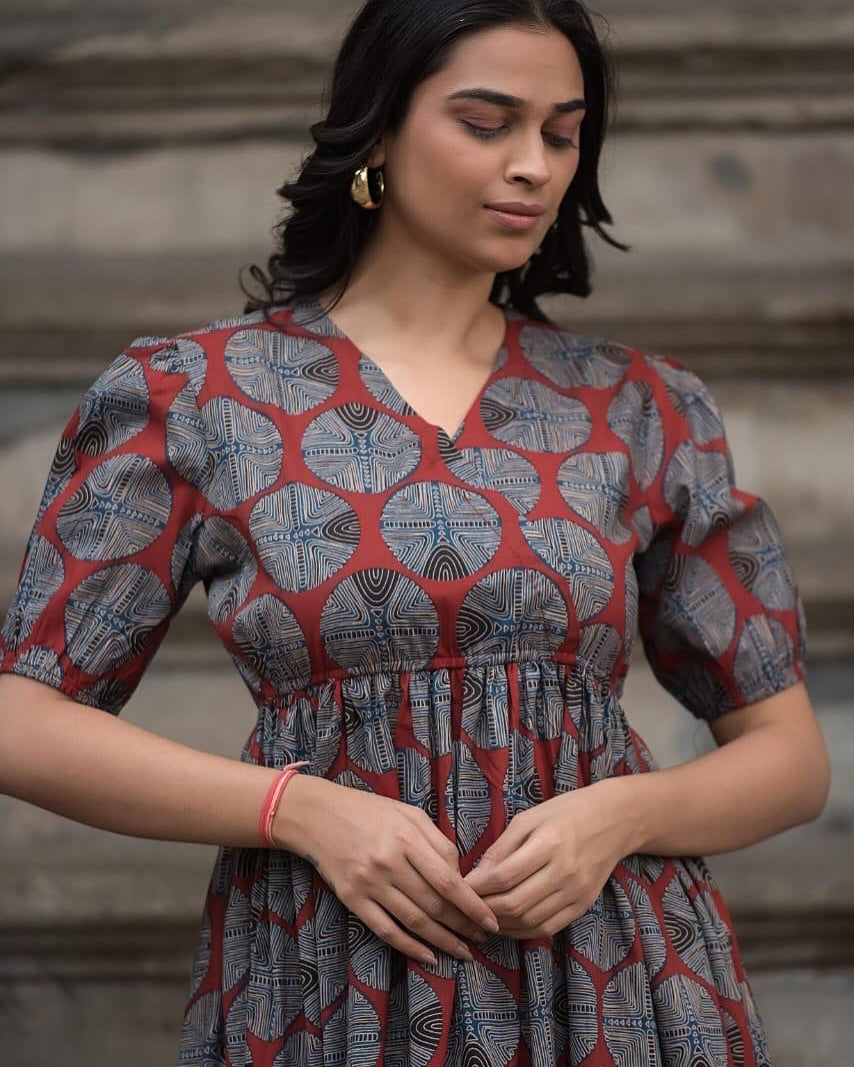 Maroon Printed Midi Dress, Cotton Midi Dress, Suitkari