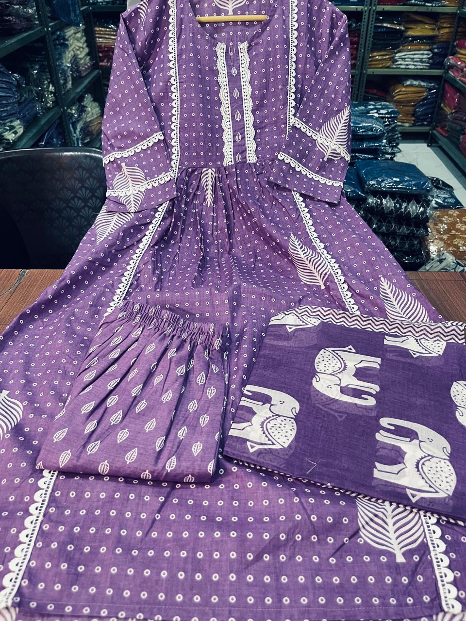 Women Purple cotton kurta Pant with Dupatta set