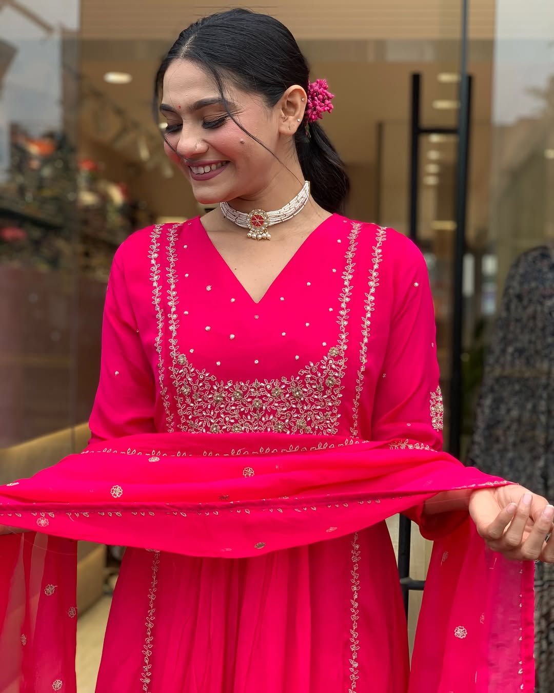 Pink Embroidered Kurti Pant Set with Malmal Dupatta