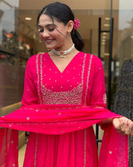 Pink Embroidered Kurti Pant Set with Malmal Dupatta