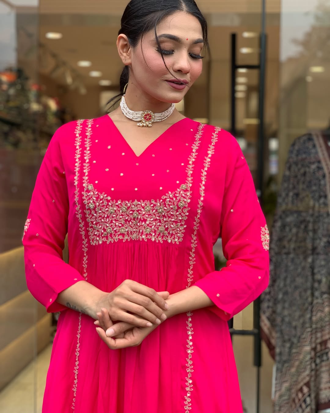 Pink Embroidered Kurti Pant Set with Malmal Dupatta