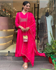 Pink Embroidered Kurti Pant Set with Malmal Dupatta