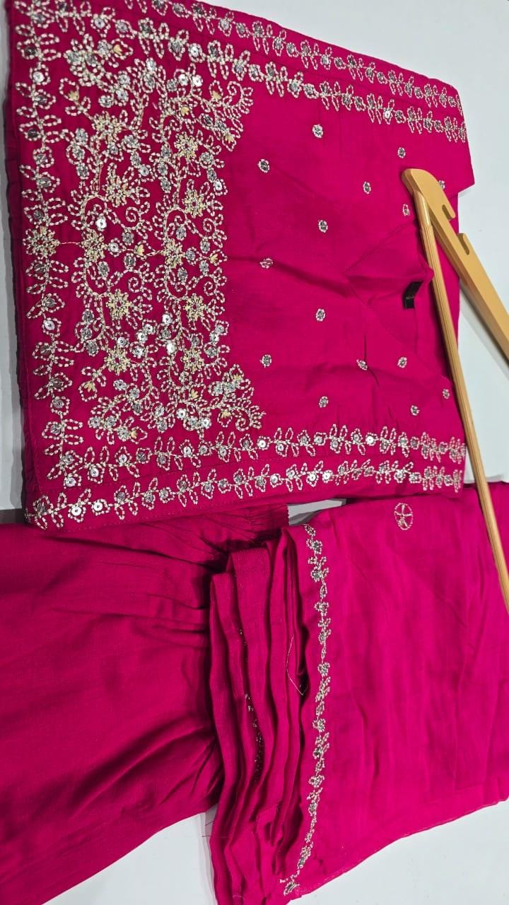 Pink Embroidered Kurti Pant Set with Malmal Dupatta