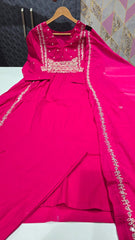 Pink Embroidered Kurti Pant Set with Malmal Dupatta