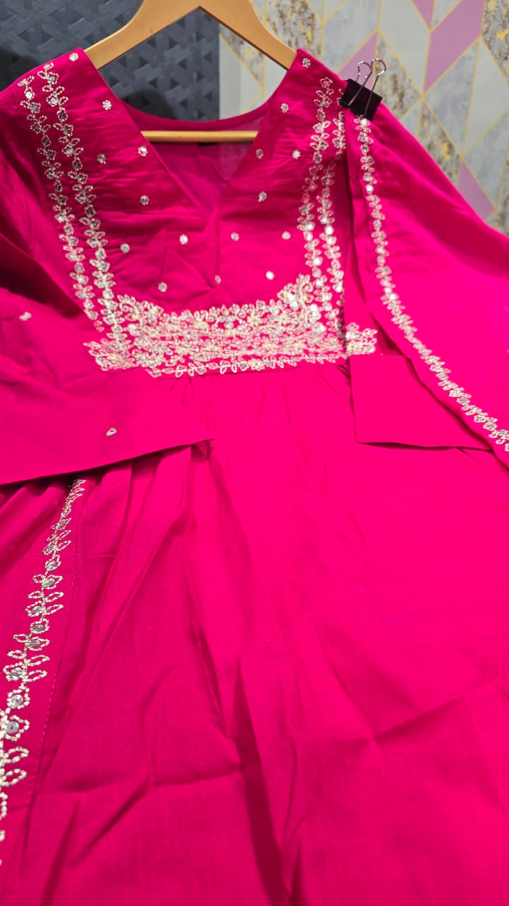 Pink Embroidered Kurti Pant Set with Malmal Dupatta