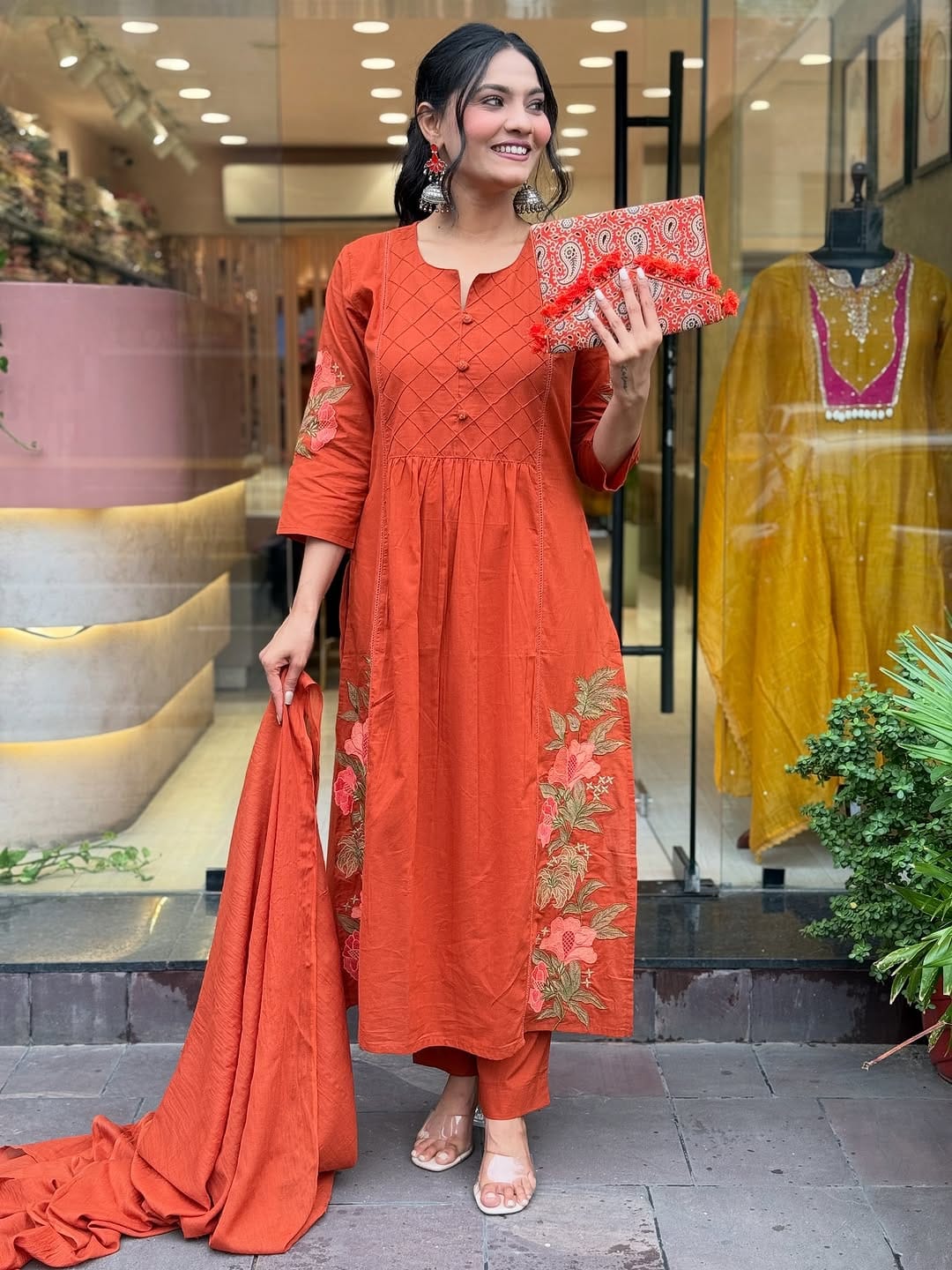Elegant Embroidered Rust Orange Suit Set