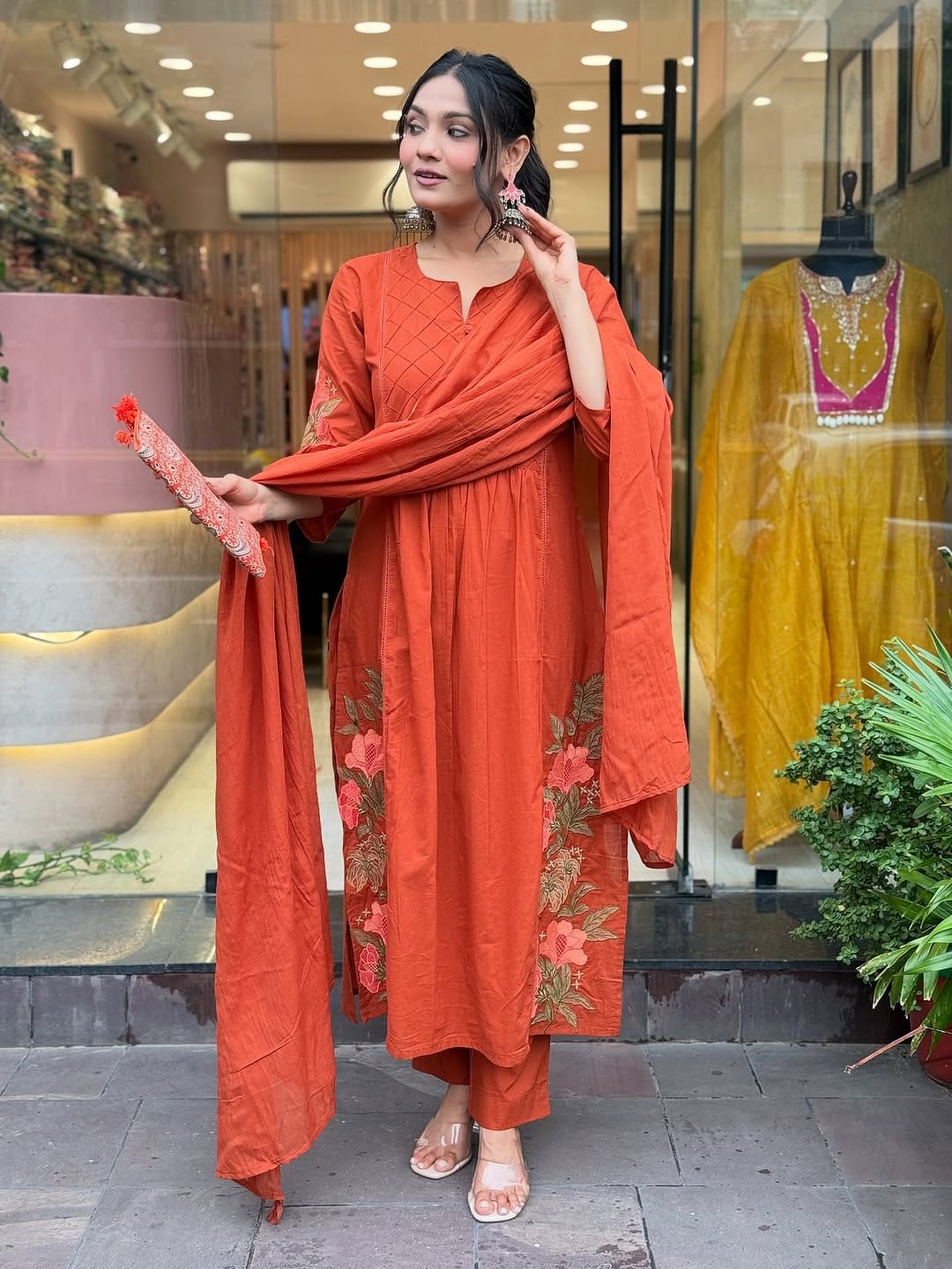 Elegant Embroidered Rust Orange Suit Set