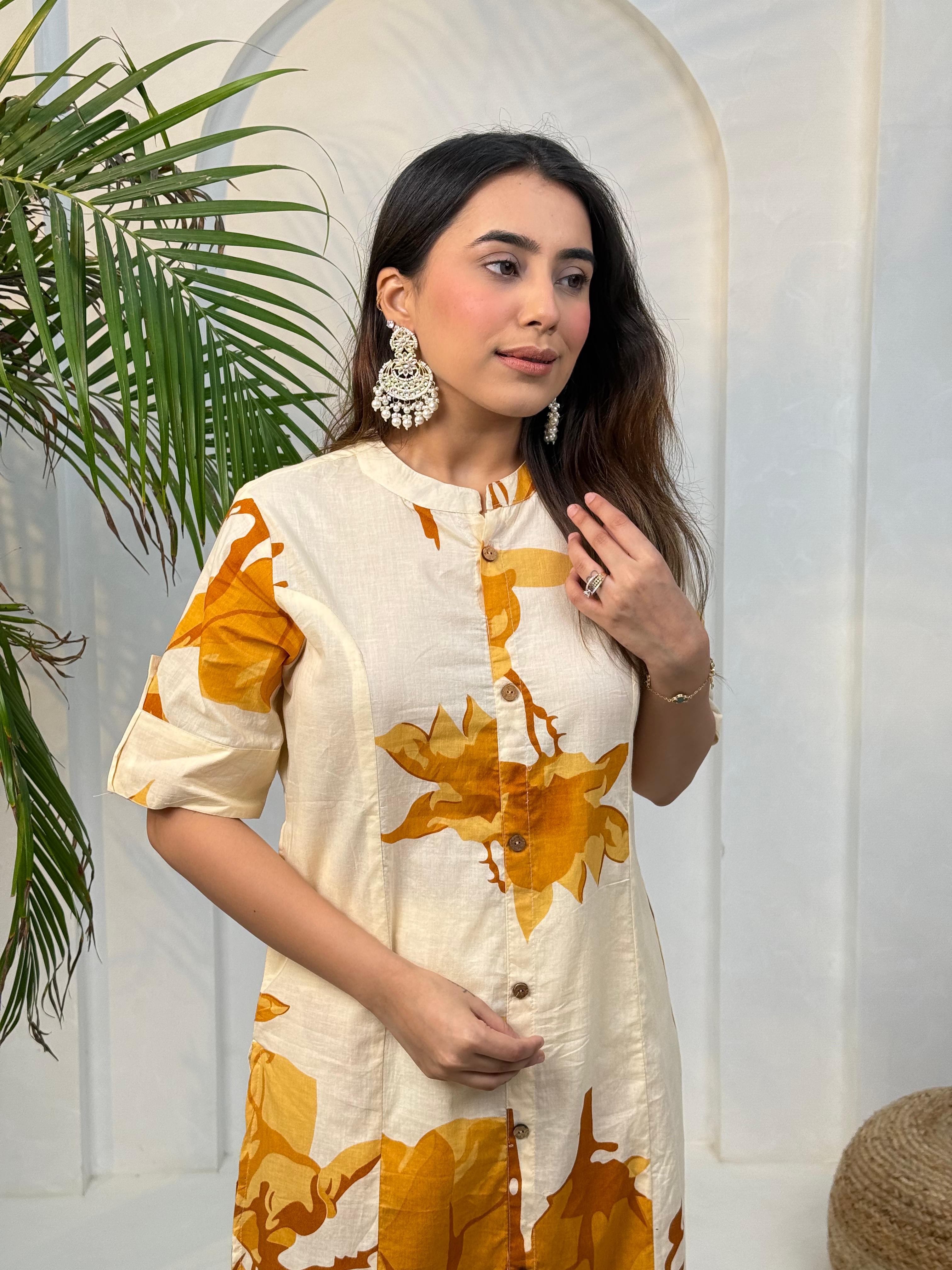 Cream & Mustard Floral Printed Co-Ord Set