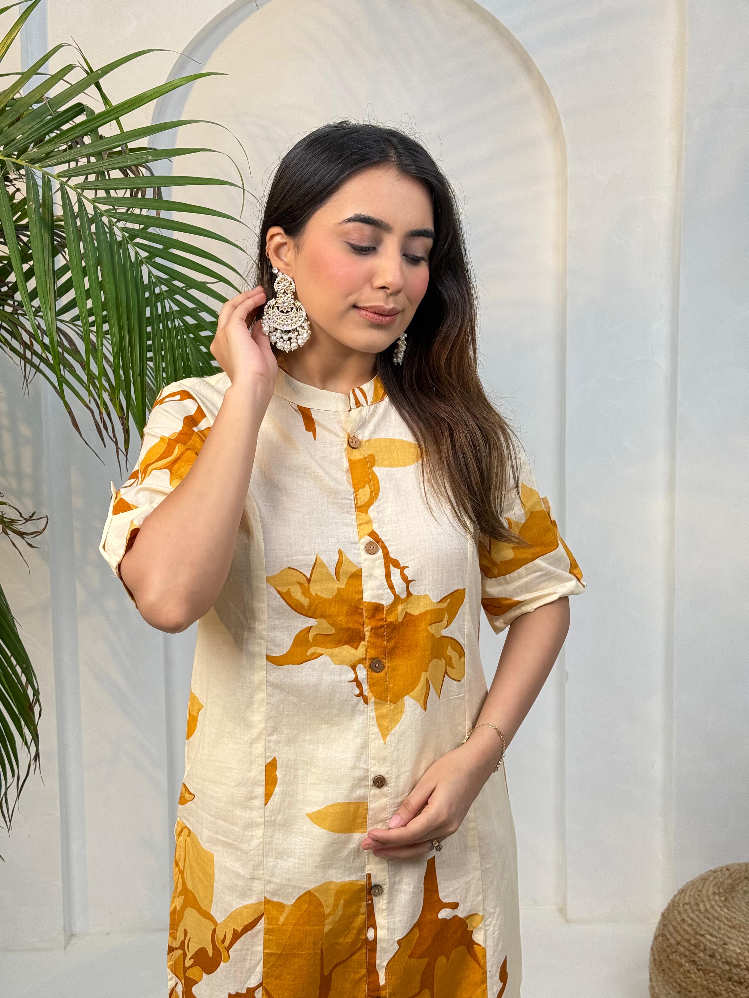 Cream & Mustard Floral Printed Co-Ord Set