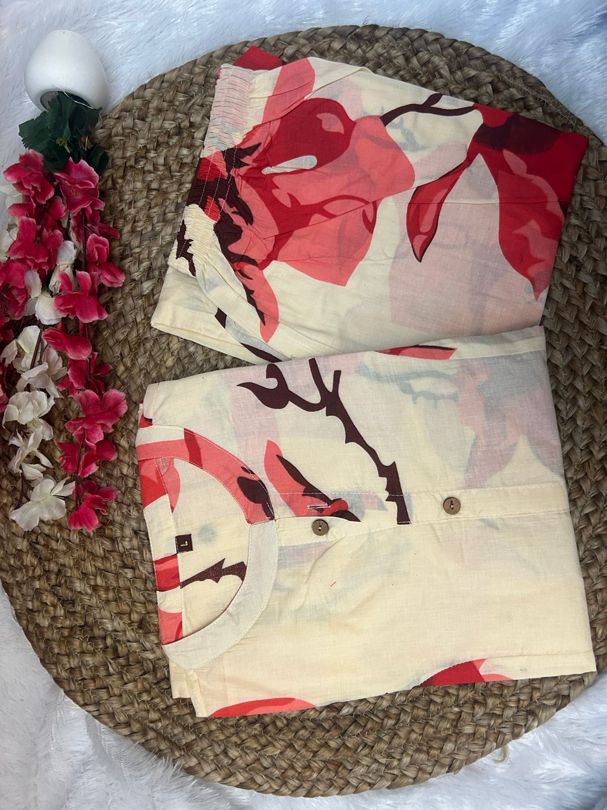Cream & Mustard Floral Printed Co-Ord Set