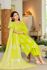 Elegant Lime Yellow Cotton Suit Set