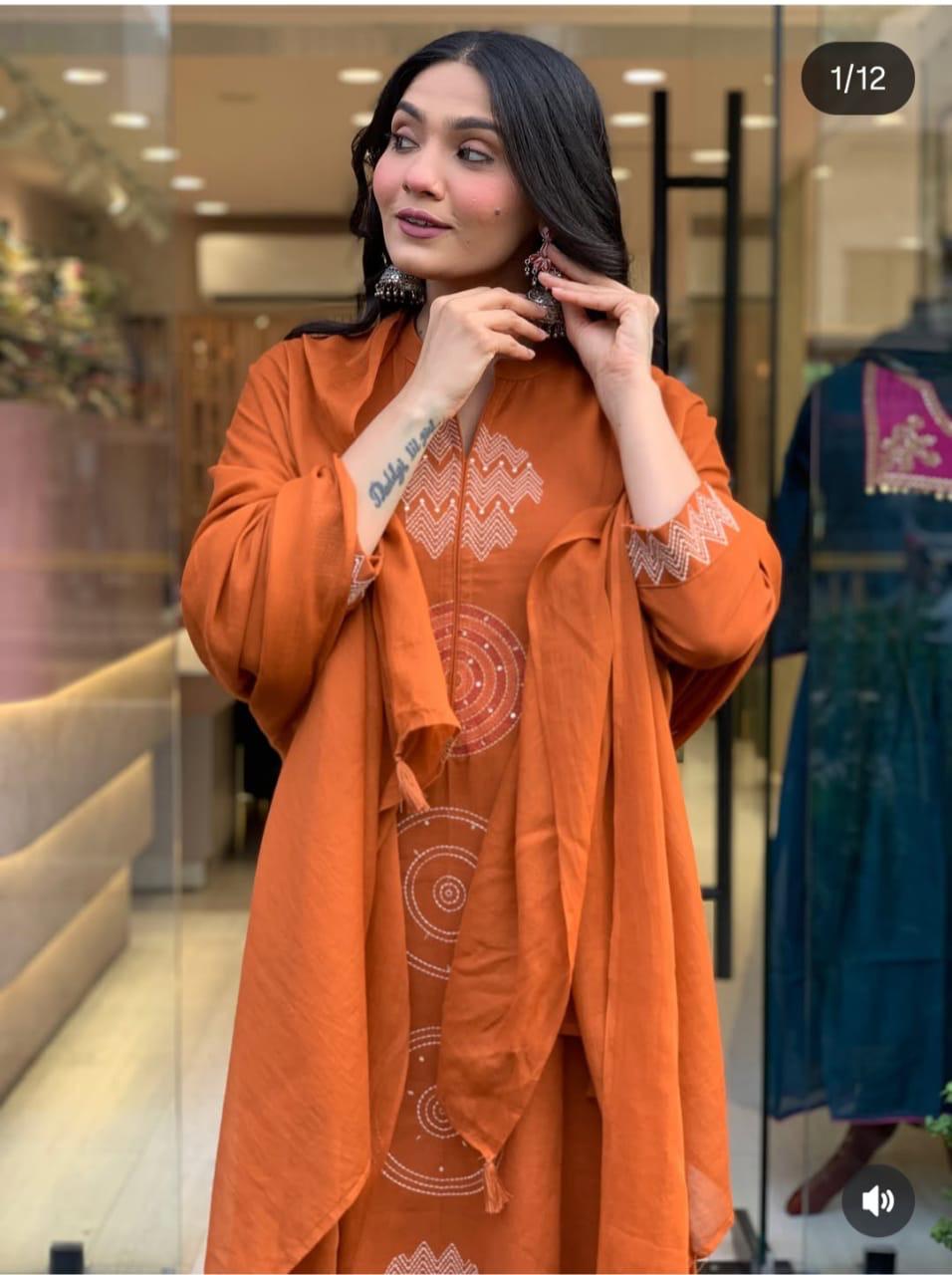 Rust Orange Dupatta Set, Cotton Dupatta set, Suitkari