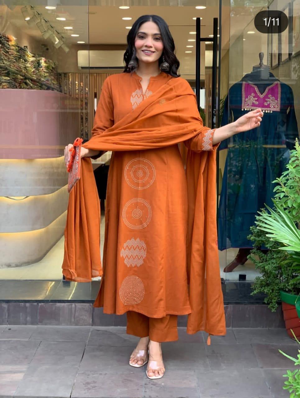 Rust Orange Dupatta Set, Cotton Dupatta set, Suitkari