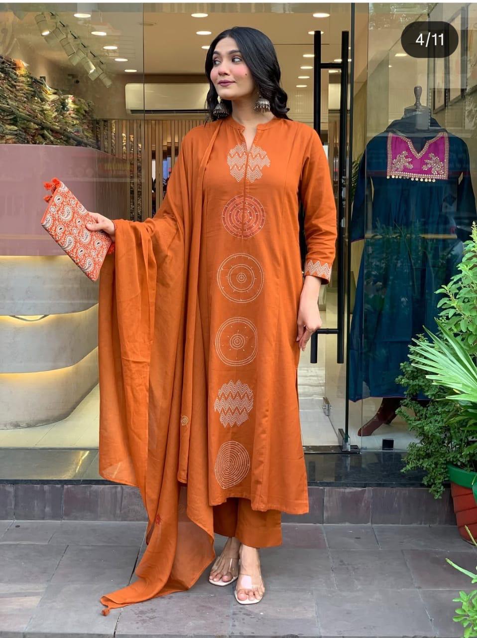 Rust Orange Dupatta Set, Cotton Dupatta set, Suitkari