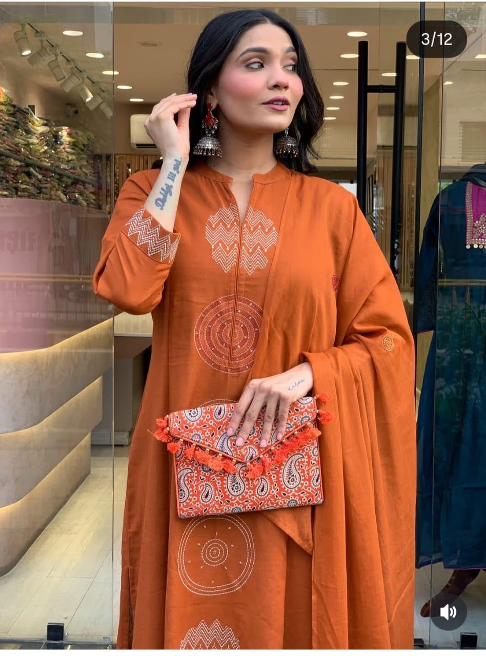 Rust Orange Dupatta Set, Cotton Dupatta set, Suitkari