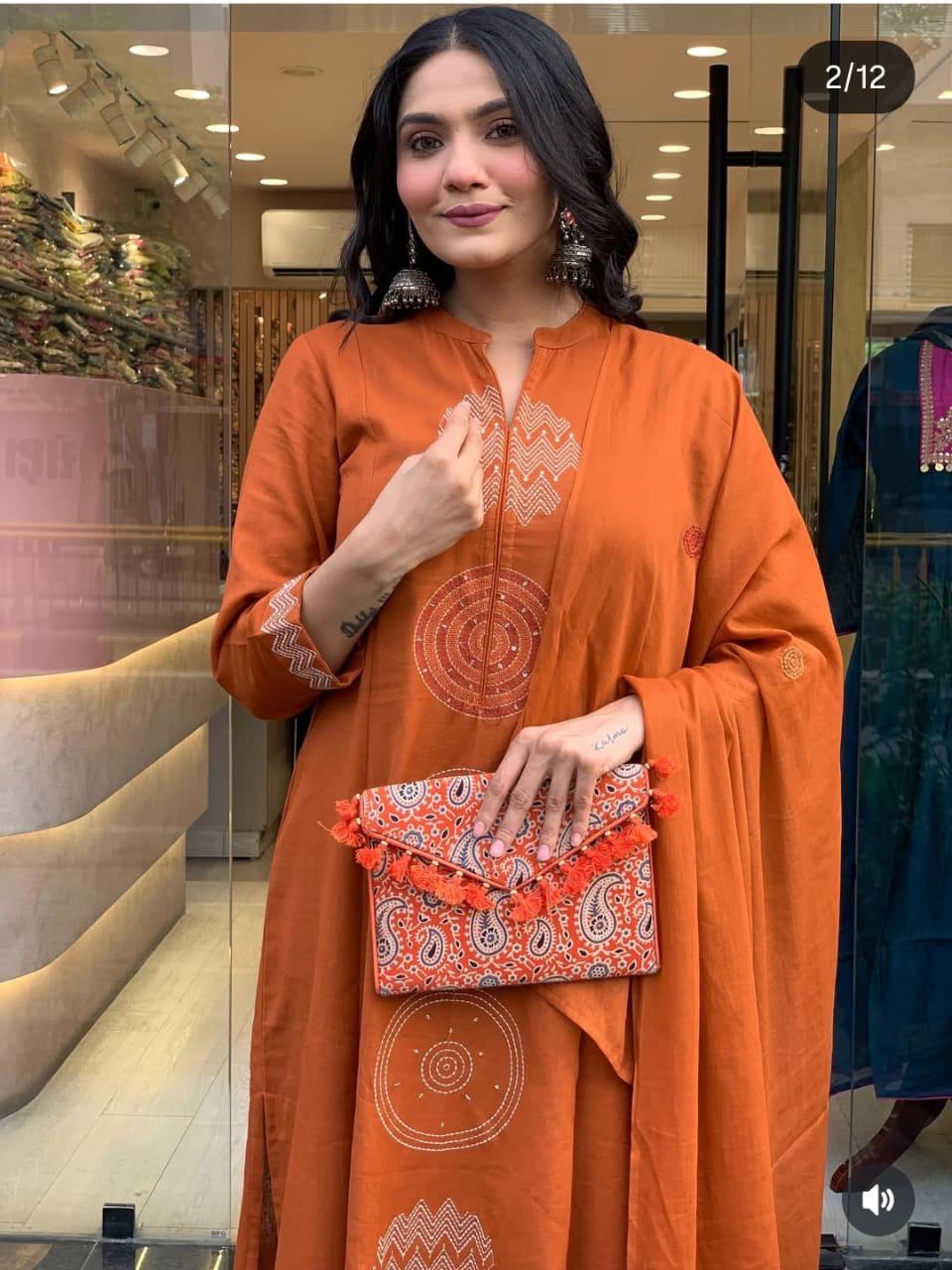 Rust Orange Dupatta Set, Cotton Dupatta set, Suitkari