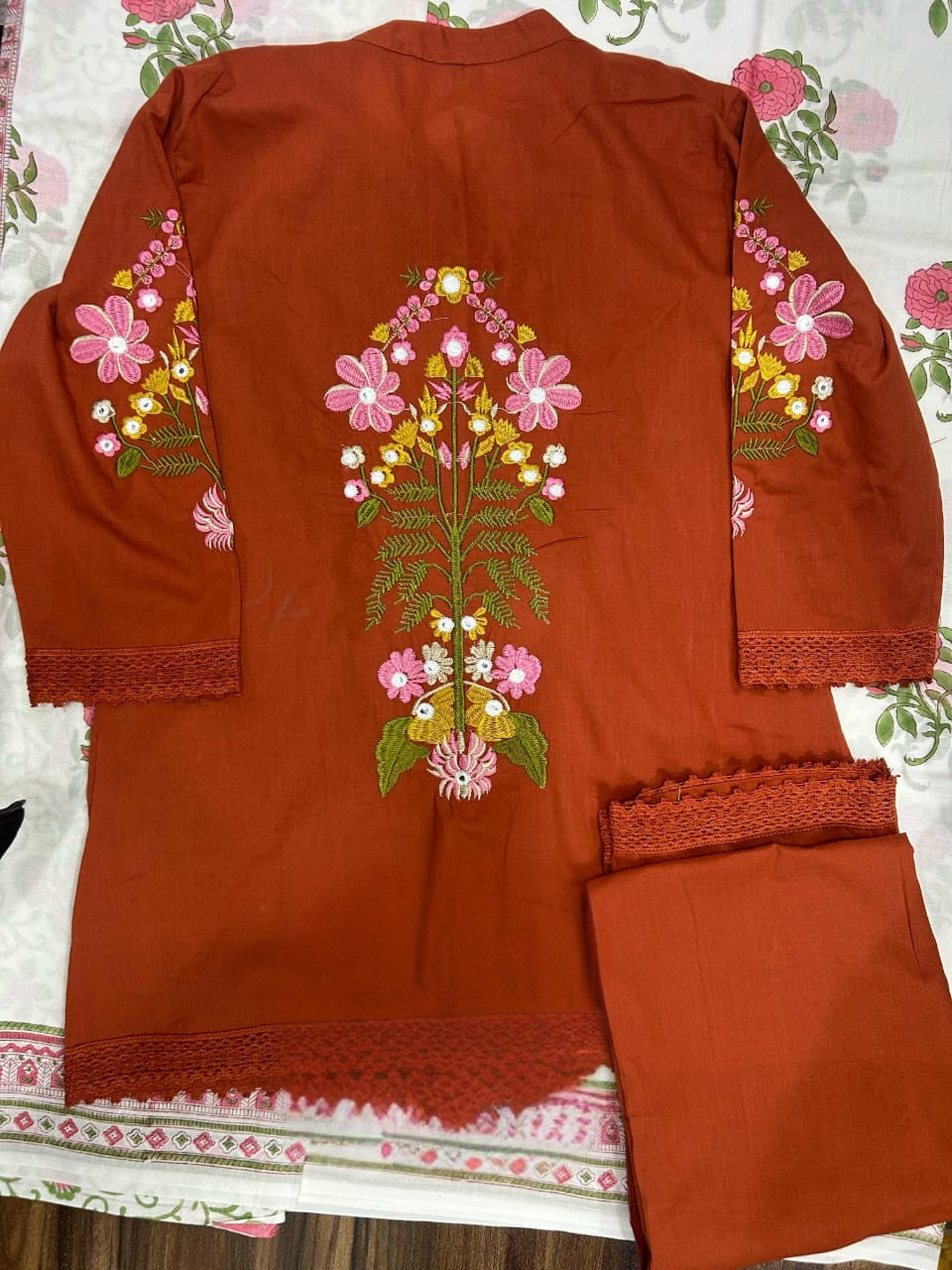 Rust Embroidered Cotton Co-Ord Set